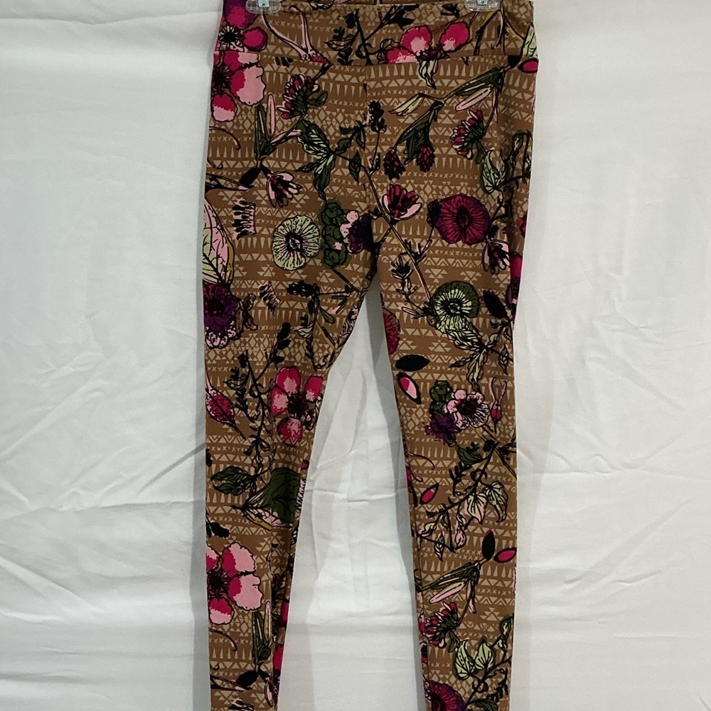 LuLaRoe Brown Floral Leggings with Pink and Green Accents
